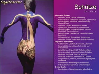 Schütze 23.11.-2l.12. Allgemeine Stärken Offenheit, Weite, Größe, offenherzig, Enthusiasmus, Fröhlichkeit Neugierde, Optimismus, Großzügigkeit, Solidarität, Beschützerdrang, Menschlichkeit Dynamik, Ehrgeiz, Kreativität, Kühnheit Sportlichkeit, Abenteuerlust, Freiheitsliebe, Unabhängigkeit, Kontaktfreudigkeit, Fairness, Ehrlichkeit, Extrovertiertheit Feinschmecker, Weinkenner, Sinnenfreudigkeit, Bonvivant Hilfsbereitschaft, Ritterlichkeit, Aufrichtigkeit Weisheit, Intuition, Spiritualität, Philosophenhang Allgemeine Schwächen Größenwahn, Überfülle, Bombastik, Übermaß Unsensibilität, Verachtung für Intimität und Geheimnisse Zersplitterung, Impulsivität, Weitschweifigkeit Unvorsichtigkeit, Unkonzentriertheit, Rebellion Heftigkeit, Dogmatik, Strenge, Autorität Anarchie, Spielsucht, Genusssucht, Unmoral Vergesslichkeit, Untreue, Verantwortungslosigkeit, Unrealistik Gerissenheit, Hinterhältigkeit, Lüsternheit Individualismus, Egoismus, Unaufrichtigkeit Größte Gefahr:  Begründung: „ Wo gehoben wird fallen Späne' 