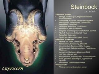 Steinbock 22.12.-20.01. Allgemeine Stärken Strenge, Planmäßigkeit, Organisationstalent, Widerstandskraft Voraussicht, Ausdauer, Verantwortungsgefühl, Besonnenheit, Gelassenheit, Gründlichkeit, Innerlichkeit, Keuschheit Sensibilität, Musikalität, Humanismus Pflichtgefühl, Beschützerdrang Integrität, Zuverlässigkeit, Ernsthaftigkeit, Echtheit Klarheit, Realismus, Solidarität, Treue Taktgefühl, Diplomatie Sinnlichkeit, Genussfreudigkeit, Humor Allgemeine Schwächen Sturheit, fixe Ideen, Erstarrung Materialismus, Berechnung, Ehrsucht Introvertiertheit, Egoismus, kälte, Arroganz Schüchternheit, Selbstbewusstsein, Pessimismus, Misstrauen Verzagtheit, Rachsucht, Lüsternheit, Neid Gier, Geiz, kleinlich sein Prinzipientreue, Normverhalten, Vorschriftentreue Härte, grundlose Boshaftigkeit, Aggressivität, Tyrannei Elitedenken, Missionsbesessenheit Größte Gefahr:  Nicht verzeihen und vergeben können   