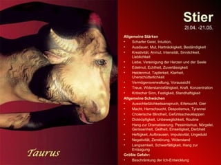 Stier 2l.04. -21.05. Allgemeine Stärken Scharfer Geist, Intuition, Ausdauer, Mut, Hartnäckigkeit, Beständigkeit Kreativität, Anmut, Intensität, Sinnlichkeit, Lieblichkeit Liebe, Vereinigung der Herzen und der Seele Edelmut, Echtheit, Zuverlässigkeit Heldenmut, Tapferkeit, Klarheit, Unerschütterlichkeit Vermögensverwaltung, Voraussicht Treue, Widerstandsfähigkeit, Kraft, Konzentration Kritischer Sinn, Festigkeit, Standhaftigkeit Allgemeine Schwächen Ausschließlichkeitsanspruch, Eifersucht, Gier Macht, Herrschsucht, Despotismus, Tyrannei Cholerische Blindheit, Gefühlsscheuklappen Dickköpfigkeit, Unbeweglichkeit, Routine Hang zur Dramatisierung, Pessimismus, Nörgelei, Gerissenheit, Geilheit, Einseitigkeit, Derbheit Heftigkeit, Aufbrausen, Impulsivität, Ungeduld Negativität, Zerstörung, Widerstand Langsamkeit, Schwerfälligkeit, Hang zur Entsagung Größte Gefahr:  Beschränkung der Ich-Entwicklung 