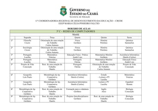 11ª COORDENADORIA REGIONAL DE DESENVOLVIMENTO DA EDUCAÇÃO – CREDE
EEEP MARIA CÉLIA PINHEIRO FALCÃO
HORÁRIO DE AULAS
3º C – REDES DE COMPUTADORES
Manhã
Segunda Terça Quarta Quinta Sexta
1ª Filosofia
Cícero
Otimização de uma estação
do Trabalho
Carlos Antonio
Física
Gerlânio
História
Petrônio
Química
Sanmarlon
2ª Sociologia
Cícero
Otimização de uma estação
do Trabalho
Carlos Antonio
Física
Gerlânio
História
Petrônio
Química
Sanmarlon
3ª Português
Lucélia
Matemática
Vinícius
Educação Física - Prática
André Luis
Matematica Monitor
Gerlânio
Assistência Informática
Danilo (Carlos)
4ª Português
Lucélia
Matemática
Vinícius
Português
Fátima
Matematica Monitor
Gerlânio
Educação Física
André Luís
5ª Projeto de Vida
Conceição
Rest. de uma estação do
Trabalho
Danilo
Português
Fátima
Otimização de uma estação
do Trabalho
Carlos Antonio
Projeto de Vida
Conceição
6ª Geografia
Luís Paulo
Metodologia da Ap.
Cooperativa
Gerlânio
Assistência Informática
Danilo (Carlos)
Estudo
- Leitura e PT
Lucélia
Matemática
Vinícius
7ª Geografia
Luís Paulo
Metodologia da Ap.
Cooperativa
Gerlânio
Assistência Informática
Danilo (Carlos)
Leitura e PT
Lucélia
Espanhol
Renata
8ª Metodologia da Ap.
Cooperativa
Gerlânio
Rest. de uma estação do
Trabalho
Danilo
Formação para a cidadania
Gerlânio
Inglês
Alice
Biologia
Conceição
9ª Metodologia da Ap.
Cooperativa
Gerlânio
Rest. de uma estação do
Trabalho
Danilo
Projetos Interdisciplinares
Gerlânio
Rest. de uma estação do
Trabalho
Danilo
Biologia
Conceição
 