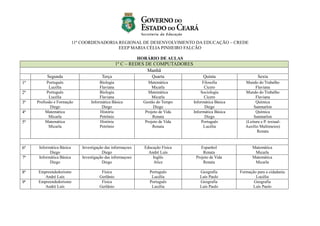 11ª COORDENADORIA REGIONAL DE DESENVOLVIMENTO DA EDUCAÇÃO – CREDE
EEEP MARIA CÉLIA PINHEIRO FALCÃO
HORÁRIO DE AULAS
1º C – REDES DE COMPUTADORES
Manhã
Segunda Terça Quarta Quinta Sexta
1ª Português
Lucélia
Biologia
Flaviana
Matemática
Micarla
Filosofia
Cícero
Mundo do Trabalho
Flaviana
2ª Português
Lucélia
Biologia
Flaviana
Matemática
Micarla
Sociologia
Cícero
Mundo do Trabalho
Flaviana
3ª Profissão e Formação
Diego
Informática Básica
Diego
Gestão do Tempo
Diego
Informática Básica
Diego
Química
Sanmarlon
4ª Matemática
Micarla
História
Petrônio
Projeto de Vida
Renata
Informática Básica
Diego
Química
Sanmarlon
5ª Matemática
Micarla
História
Petrônio
Projeto de Vida
Renata
Português
Lucélia
(Leitura e P. textual-
Auxílio Multimeios)
Renata
6ª Informática Básica
Diego
Investigação das informaçoes
Diego
Educação Física
André Luís
Espanhol
Renata
Matemática
Micarla
7ª Informática Básica
Diego
Investigação das informaçoes
Diego
Inglês
Alice
Projeto de Vida
Renata
Matemática
Micarla
8ª Empreendedorismo
André Luís
Física
Gerlânio
Português
Lucélia
Geografia
Luís Paulo
Formação para a cidadania
Lucélia
9ª Empreendedorismo
André Luís
Física
Gerlânio
Português
Lucélia
Geografia
Luís Paulo
Geografia
Luís Paulo
 