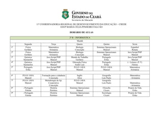 11ª COORDENADORIA REGIONAL DE DESENVOLVIMENTO DA EDUCAÇÃO – CREDE
EEEP MARIA CÉLIA PINHEIRO FALCÃO
HORÁRIO DE AULAS
2º B – INFORMÁTICA
Manhã
Segunda Terça Quarta Quinta Sexta
1ª Física
Gerlânio
Matemática
Arimateia
Biologia
Conceição
Sistemas Operacionais
Manoel
Espanhol
Renata
2ª Física
Gerlânio
Matemática
Arimateia
Biologia
Conceição
Sistemas Operacionais
Manoel
Java Script/PHP
Manoel
3ª Química
Sanmarlon
Java Script/PHP
Manoel
Mundo do Trabalho
Gerlânio
Português
Érika
Java Script/PHP
Manoel
4ª Química
Sanmarlon
Java Script/PHP
Manoel
Educação Física
André Luís
Português
Érika
(– Leitura e P. T)
Fátima
5ª Português
Érika
Java Script/PHP
Manoel
P.O.O/ JAVA
Manoel
P.O.O/ JAVA
Manoel
Matemática
Arimateia
6ª P.O.O/ JAVA
Manoel
Formação para a cidadania
Conceição
Inglês
Alice
Geografia
Luís Paulo
Matemática
–Arimateia
7ª P.O.O/ JAVA
Manoel
Metodologia da Ap.
Cooperativa
Conceição
P.O.O/ JAVA
Manoel
Geografia
Luís Paulo Matemática
–Arimateia
8ª - Português
Fátima
História
Petrônio
Sistemas Operacionais
Manoel
Filosofia
Cícero
Projeto de Vida
Érika
9ª - Português
Fátima
História
Petrônio
Sistemas Operacionais
Manoel
Sociologia
Cícero
Projeto de Vida
Érika
 