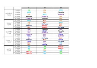 1ª I

2ªI

3ªI

1ª AULA

HIS

LPL

ARTE

2ª AULA

ARTE

LPL

Filosofia

3ª AULA

LPL

ARTE

QUIMICA

4ª AULA

Filosofia

QUIMICA

LPL

5ª AULA

QUIMICA

Filosofia

LPL

TERÇA
FEIRA

1ª AULA
2ª AULA
3ª AULA
4ª AULA
5ª AULA

ARTE
LPL
LPL
Ed.Física
MAT

MAT
MAT
Ed.Física
INGLÊS
INGLÊS

LPL
ARTE
MAT
MAT
Ed.Física

QUARTA
FEIRA

1ª AULA
2ª AULA
3ª AULA
4ª AULA
5ª AULA

SOC
SOC
Geo
QUIMICA
FÍSICA

Filosofia
FÍSICA
QUIMICA
SOC
SOC

Geo
Filosofia
SOC
FÍSICA
QUIMICA

QUINTA
FEIRA

1ª AULA
2ª AULA
3ª AULA
4ª AULA
5ª AULA

Geo
Ed.Física
FÍSICA
MAT
MAT

Ed.Física
MAT
Geo
Geo
FÍSICA

MAT
FÍSICA
Ed.Física
BIO
Geo

SEXTA
FEIRA

1ª AULA
2ª AULA
3ª AULA
4ª AULA
5ª AULA

BIO
BIO
HIS
INGLÊS
INGLÊS

HIS
HIS
LPL
BIO
BIO

INGLÊS
INGLÊS
BIO
HIS
HIS

SEGUNDA
FEIRA

 