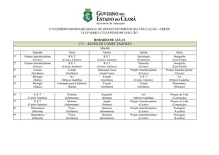 11ª COORDENADORIA REGIONAL DE DESENVOLVIMENTO DA EDUCAÇÃO – CREDE
EEEP MARIA CÉLIA PINHEIRO FALCÃO
HORÁRIO DE AULAS
3º C – REDES DE COMPUTADORES
Manhã
Segunda Terça Quarta Quinta Sexta
1ª Projeto Interdisciplinar
(Cícero)
R.E.T
(Carlos Antônio)
R.E.T
(Carlos Antônio)
Sociologia
(Ivanilson)
Geografia
(Luís Paulo)
2ª Projeto Interdisciplinar
(Cícero)
R.E.T
(Carlos Antônio)
R.E.T
(Carlos Antônio)
Filosofia
(Cícero)
Geografia
(Luís Paulo)
3ª Estudo
(Gerlânio)
Estudo
(Gerlânio)
Educação Física
(André Luís)
Projeto Interdisciplinar
(Cícero)
Projeto Interdisciplinar
(Cícero)
4ª Biologia
(Kátia)
A.I
(Márcio Gadelha)
Estudo
(Gerlânio)
O.E.T
(Carlos Antônio)
A.I
(Márcio Gadelha)
5ª Biologia
(Kátia)
Formação para Cidadania
(Kátia)
Estudo
(Gerlânio)
Estudo
(Gerlânio)
Matemática
(Micarla)
6ª O.E.T
(Carlos Antônio)
História
(Jobenemar)
Espanhol
(Renata)
A.I
(Márcio Gadelha)
Projeto de Vida
(Conceição)
7ª O.E.T
(Carlos Antônio)
História
(Jobenemar)
Inglês
(Norma)
Projeto Interdisciplinar
(Cícero)
Projeto de Vida
(Conceição)
8ª Matemática
(Micarla)
Física
(Gerlânio)
Química
(Sanmarlon)
Projeto Interdisciplinar
(Cícero)
Português
(Lucélia)
9ª Matemática
(Micarla)
Física
(Gerlânio)
Química
(Sanmarlon)
Projeto Interdisciplinar
(Cícero)
Português
(Lucélia)
 