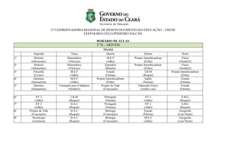 11ª COORDENADORIA REGIONAL DE DESENVOLVIMENTO DA EDUCAÇÃO – CREDE
EEEP MARIA CÉLIA PINHEIRO FALCÃO
HORÁRIO DE AULAS
3º D – MÓVEIS
Manhã
Segunda Terça Quarta Quinta Sexta
1ª História
(Jobenemar)
Matemática
(Vinícius)
M.E.F
(Adão)
Projeto Interdisciplinar
(Érika)
Física
(Vanderli)
2ª História
(Jobenemar)
Matemática
(Vinícius)
Espanhol
(Renata)
Projeto Interdisciplinar
(Érika)
Física
(Vanderli)
3ª Filosofia
(Cícero)
M.E.F
(Adão)
Estudo
(Fátima)
I.R.M
(Raquel)
Projeto Interdisciplinar
(Érika)
4ª Química
(Sanmarlon)
M.E.F
(Adão)
Projeto Interdisciplinar
(Érika)
Inglês
(Norma)
Estudo
(Fátima)
5ª Química
(Sanmarlon)
Formação para Cidadania
(Vanderli)
Projeto de Vida
(Conceição)
Educação Física
(André Luís)
Estudo
(Fátima)
6ª P.F 2
(Adão)
I.R.M
(Raquel)
Português
(Fátima)
P.F 2
(Adão)
S.M.L
(Raquel)
7ª P.F 2
(Adão)
D.A.C
(Raquel)
Português
(Fátima)
P.F 2
(Adão)
S.M.L
(Raquel)
8ª Projeto de Vida
(Conceição)
D.A.C
(Raquel)
Biologia
(Conceição)
Estudo
(Fátima)
Geografia
(Luís Paulo)
9ª Sociologia
(Ivanilson)
D.A.C
(Raquel)
Biologia
(Conceição)
M.E.F
(Adão)
Geografia
(Luís Paulo)
 