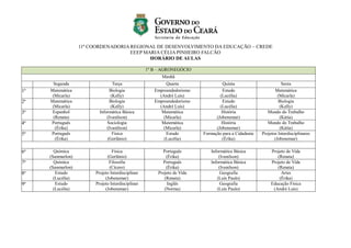 11ª COORDENADORIA REGIONAL DE DESENVOLVIMENTO DA EDUCAÇÃO – CREDE
EEEP MARIA CÉLIA PINHEIRO FALCÃO
HORÁRIO DE AULAS
1º B – AGRONEGÓCIO
Manhã
Segunda Terça Quarta Quinta Sexta
1ª Matemática
(Micarla)
Biologia
(Kelly)
Empreendedorismo
(André Luís)
Estudo
(Lucélia)
Matemática
(Micarla)
2ª Matemática
(Micarla)
Biologia
(Kelly)
Empreendedorismo
(André Luís)
Estudo
(Lucélia)
Biologia
(Kelly)
3ª Espanhol
(Renata)
Informática Básica
(Ivanilson)
Matemática
(Micarla)
História
(Jobenemar)
Mundo do Trabalho
(Kátia)
4ª Português
(Érika)
Sociologia
(Ivanilson)
Matemática
(Micarla)
História
(Jobenemar)
Mundo do Trabalho
(Kátia)
5ª Português
(Érika)
Física
(Gerlânio)
Estudo
(Lucélia)
Formação para a Cidadania
(Érika)
Projetos Interdisciplinares
(Jobenemar)
6ª Química
(Sanmarlon)
Física
(Gerlânio)
Português
(Érika)
Informática Básica
(Ivanilson)
Projeto de Vida
(Renata)
7ª Química
(Sanmarlon)
Filosofia
(Cícero)
Português
(Érika)
Informática Básica
(Ivanilson)
Projeto de Vida
(Renata)
8ª Estudo
(Lucélia)
Projeto Interdisciplinar
(Jobenemar)
Projeto de Vida
(Renata)
Geografia
(Luís Paulo)
Artes
(Érika)
9ª Estudo
(Lucélia)
Projeto Interdisciplinar
(Jobenemar)
Inglês
(Norma)
Geografia
(Luís Paulo)
Educação Física
(André Luís)
 