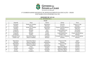 11ª COORDENADORIA REGIONAL DE DESENVOLVIMENTO DA EDUCAÇÃO – CREDE
EEEP MARIA CÉLIA PINHEIRO FALCÃO
HORÁRIO DE AULAS
1º D - INFORMÁTICA
Manhã
Segunda Terça Quarta Quinta Sexta
1ª Português
(Fátima)
Mundo do Trabalho
(Kátia)
Matemática
(Micarla)
Filosofia
(Cícero)
Projeto de Vida
(Renata)
2ª Português
(Fátima)
Mundo do Trabalho
(Kátia)
Matemática
(Micarla)
Projetos Interdisciplinares
(Renata)
Matemática
(Micarla)
3ª Geografia
(Ivanilson)
Biologia
(Kelly)
Artes
(Érika)
Empreendedorismo
(André Luís)
Sociologia
(Ivanilson)
4ª Geografia
(Ivanilson)
Biologia
(Kelly)
Estudo
(Norma)
Empreendedorismo
(André Luís)
Projeto interdisciplinar
(Renata)
5ª Educação Física
(André Luís)
Informática Básica
(Marcio Gadelha)
Espanhol
(Renata)
Formação para a Cidadania
(Fátima)
Projeto interdisciplinar
(Renata)
6ª Matemática
(Micarla)
Informática Básica
(Marcio Gadelha)
Química
(Sanmarlon)
Projeto de Vida
(Renata)
Inglês
(Norma)
7ª Matemática
(Micarla)
Informática Básica
(Marcio Gadelha)
Química
(Sanmarlon)
Projeto de Vida
(Renata)
Estudo
(Norma)
8ª Estudo
(Norma)
Física
(Vanderli)
Português
(Fátima)
Informática Básica
(Marcio Gadelha)
História
(Cícero)
9ª Estudo
(Norma)
Física
(Vanderli)
Português
(Fátima)
Informática Básica
(Marcio Gadelha)
História
(Cícero)
 