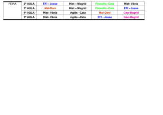 FEIRA 2ª AULA EFI - Josse Hist – Magrid Filosofia -Cata Hist- Vânia
3ª AULA Mat-Dani Hist – Magrid Filosofia -Cata EFI - Josse
4ª AULA Hist- Vânia Inglês –Cata Mat-Dani Geo-Magrid
5ª AULA Hist- Vânia Inglês –Cata EFI - Josse Geo-Magrid
 