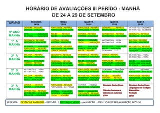 TURMAS               SEGUNDA                           TERÇA                     QUARTA                         QUINTA                       SEXTA
                       24/09                            25/09                     26/09                          27/09                        28/09
            CIÊNCIAS....REVISÃO               PORTUGUÊS...REVISÃO        PORTUGUÊS...REVISÃO           CIÊNCIAS...........REVISÃO   MATEMÁTICA .GILDENES
            CIÊNCIAS....AVALIAÇÃO             PORTUGUÊS..AVALIAÇÃO       PORTUGUÊS..AV PARAD           ENSINO RELIG...AVALIAÇÃO     MATEMÁTICA...GILDENES
 9º ANO
            ARTE..................AVALIAÇÃO   INGLÊS ........REVISÃO     HISTÓRIA...REVISÃO            MATEMÁTICA ...REVISÃO        GEOGRAFIA...REVISÃO
 MANHÃ      ED. FÍSICA.........AVALIAÇÃO      INGLÊS.........AVALIAÇÃO   HISTÓRIA...AVALIAÇÃO          MATEMÁTICA.....AVALIAÇÃO     GEOGRAFIA...AVALIAÇÃO

            GEOGRAFIA...REVISÃO               HISTÓRIA...REVISÃO         FÍSICA............REVISÃO     MATEMÁTICA.....VERA          BIOLOGIA...REVISÃO
  1º A      GEOGRAFIA...AVALIAÇÃO             HISTÓRIA...AVALIAÇÃO       FÍSICA............AVALIAÇÃO   MATEMÁTICA.....VERA          BIOLOGIA...AVALIAÇÃO
 MANHÃ                                                                                                 SOCIOLOGIA......AVALIAÇÃO
            ED. FISICA..........AVALIAÇÃO     PORTUGUÊS...REVISÃO        ARTE...........AVALIAÇÃO                                   MATEMÁTICA...REVISÃO
            PORTUGUÊS......REVISÃO            PORTUGUÊS...AV. PARAD.     QUÍMICA.....AVALIAÇÃO         INGLÊS......AVALIAÇÃO        MATEMÁTICA...AVALIAÇÃO
            PORTUGUÊS......AV. PARAD.         QUÍMICA...REVISÃO          INGLÊS......REVISÃO           CIDADANIA.....????           FILOSOFIA.......AVALIAÇÃO

            BIOLOGIA......REVISÃO             GEOGRAFIA...REVISÃO        MATEMÁTICA....REVISÃO         QUÍMICA...REVISÃO            MATEMÁTICA......VERA
  2º A      BIOLOGIA......AVALIAÇÃO           GEOGRAFIA...AVALIAÇÃO      MATEMÁTICA..AVALIAÇÃO         QUÍMICA...AVALIAÇÃO          MATEMÁTICA......VERA
 MANHÃ      ARTE...........AVALIAÇÃO                                     INGLÊS....AVALIAÇÃO           PORTUGUÊS....REVISÃO
                                              CIDADANIA.....HELENA                                                                  INGLÊS...........AVALIAÇÃO
            HISTÓRIA...REVISÃO                PORTUGUÊS..REVIVSÃO        FÍSICA......REVISÃO           PORTUGUÊS....AVALIAÇÃO       SOCIOLOGIA..AVALIAÇÃO
            HISTÓRIA...AVALIAÇÃO              PORTUGUÊS..AV. PARAD.      FÍSICA......AVALIAÇÃO         FILOSOFIA........AVALIAÇÃO   ED. FÍSICA.......AVALIAÇÃO

            MATEMÁTICA......VERA              QUÍMICA...REVISÃO          PORTUGUÊS...REVISÃO           CIDADANIA......GARDÊNIA      FÍSICA............SILVINHA
  2º B      MATEMÁTICA......VERA              QUÍMICA...AVALIAÇÃO        PORTUGUÊS..AV PARAD           ED. FÍSICA...AVALIAÇÃO       SOCIOLOGIA....AVALIAÇÃO
 MANHÃ
            BIOLOGIA......REVISÃO             GEOGRAFIA...REVISÃO        MATEMÁTICA....REVISÃO         INGLÊS........REVISÃO        PORTUGUÊS...REVISÃO
            BIOLOGIA......AVALIAÇÃO           GEOGRAFIA...AVALIAÇÃO      MATEMÁTICA. AVALIAÇÃO         HISTÓRIA.......REVISÃO       PORTUGUÊS...AVALIAÇÃO
            FÍSICA.....AVALIAÇÃO              ARTE...........AVALIAÇÃO   FILOSOFIA...AVALIAÇÃO         HISTÓRIA.......AVALIAÇÃO     INGLÊS ........AVALIAÇÃO

            QUÍMICA.........REVISÃO           PORTUGUÊS....REVISÃO       HISTÓRIA.......HELENA
  3º A      QUÍMICA.........AVALIAÇÃO         PORTUGUÊS....AV. PARAD.    SOCIOLOGIA.AVALIAÇÃO
 MANHÃ      MATEMÁTICA.....REVISÃO            HISTÓRIA......AVALIAÇÃO    FÍSICA........AVALIAÇÃO
            MATEMÁTICA.....AVALIAÇÃO          FILOSOFIA.....AVALIAÇÃO    PORTUGUÊS....REVISÃO
            ESPANHOL....AVALIAÇÃO             FÍSICA........REVISÃO      PORTUGUÊS...AVALIAÇÃO



LEGENDA: DESTAQUE AMARELO – REVISÃO E DESTAQUE VERDE – AVALIAÇÃO - OBS.: SÓ RECEBER AVALIAÇÃO APÓS 30
MINUTOS
 