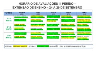 TURMAS            SEGUNDA                     TERÇA                      QUARTA                        QUINTA                        SEXTA
                    24/09                      25/09                      26/09                         27/09                         28/09
           CIDADANIA ......CICERO    BIOLOGIA.........REVISÃO     GEOGRAFIA..AVALIAÇÃO       INGLES....REVISÃO               PORTUGUÊS...REVISÃO
           SOCIOLOGIA....AVALIAÇÃO   BIOLOGIA.........AVALIAÇÃO   ED. FISICA.....AVALIAÇÃO   INGLES....AVALIAÇÃO             PORTUGUÊS...AVALIAÇÃO
  1º D     HISTORIA....AVALIAÇÃO     QUIMICA....REVISÃO           ARTE.......AVALIAÇÃO       FÍSICA..............AVALIAÇÃO   MATEMÁTICA...REVISÃO
 NOITE     FILOSOFIA..AVALIAÇÃO      QUINMICA..AVALIAÇÃO          FÍSICA....REVISÃO          PORTUGUÊS...AV. PARAD.          MATEMATICA....REVISÃO
                                                                                                                             MATEMÁTICA...AVALIAÇÃO

           QUIMICA....REVISÃO        SOCIOLOGIA.....AVALIAÇÃO     ED. FISICA...AVALIAÇÃO     MATEMATICA....REVISÃO           INGLES....REVISÃO
           QUINMICA..AVALIAÇÃO       MATEMATICA....REVISÃO        ARTE.......AVALIAÇÃO       MATEMÁTICA...AVALIAÇÃO          INGLES....AVALIAÇÃO
  2º D     FISICA....REVISÃO         CIDADANIA..CATIANA           FILOSOFIA....AVALIAÇÃO     BIOLOGIA...REVISÃO              PORTUGUÊS...REVISÃO
 NOITE     FISICA....AVALIAÇÃO       HISTORIA....AVALIAÇÃO        GEOGRAFIA..AVALIAÇÃO       BIOLOGIA...AVALIAÇAO            PORTUGUÊS...AV. PARAD.
                                                                                                                             PORTUGUÊS...AVALIAÇÃO

           HISTORIA.....AVALIAÇÃO    FISICA......REVISÃO          ARTE.......AVALIAÇÃO       PORTUGUÊS...REVISÃO             MATEMATICA....REVISÃO
           FILOSOFIA...AVALIAÇÃO     SOCIOLOGIA...AVALIAÇÃO       GEOGRAFIA..AVALIAÇÃO       PORTUGUÊS...AV. PARAD.          MATEMÁTICA...AVALIAÇÃO
  3º D     QUIMICA....REVISÃO        BIOLOGIA....REVISÃO          FÍSICA.........AVALIAÇÃO   PORTUGUÊS.....AVALIAÇÃO         CIDADANIA...ACRISIO
 NOITE     QUINMICA..AVALIAÇÃO       BIOLOGIA....AVALIAÇÃO        ED. FISICA..AVALIAÇÃO      MATEMATICA....REVISÃO           INGLES....REVISÃO
                                                                                                                             INGLES....AVALIAÇÃO




LEGENDA: DESTAQUE AMARELO – REVISÃO E DESTAQUE VERDE – AVALIAÇÃO - OBS.: SÓ RECEBER AVALIAÇÃO APÓS 30
MINUTOS
 