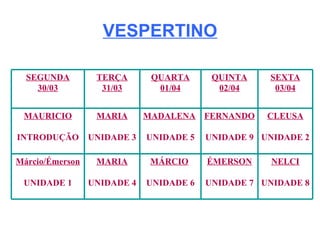 VESPERTINO NELCI UNIDADE 8 ÉMERSON UNIDADE 7 MÁRCIO   UNIDADE 6 MARIA UNIDADE 4 Márcio/Émerson UNIDADE 1 CLEUSA UNIDADE 2 FERNANDO UNIDADE 9 MADALENA   UNIDADE 5 MARIA UNIDADE 3 MAURICIO INTRODUÇÃO SEXTA 03/04 QUINTA 02/04 QUARTA 01/04 TERÇA 31/03 SEGUNDA 30/03 