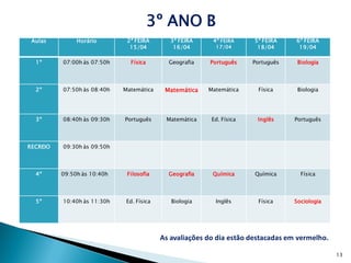 3º ANO B
 Aulas         Horário        2ª FEIRA        3ª FEIRA    4ª FEIRA     5ª FEIRA    6ª FEIRA
                               15/04           16/04       17/04        18/04       19/04

  1º      07:00h ás 07:50h     Física        Geografia   Português     Português    Biologia




  2º      07:50h às 08:40h   Matemática     Matemática   Matemática     Física      Biologia




  3º      08:40h às 09:30h   Português      Matemática    Ed. Física    Inglês     Português




RECREIO   09:30h às 09:50h




  4º      09:50h às 10:40h    Filosofia      Geografia    Química      Química       Física




  5º      10:40h às 11:30h    Ed. Física      Biologia     Inglês       Física     Sociologia




                                           As avaliações do dia estão destacadas em vermelho.

                                                                                                13
 