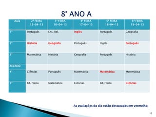 Aula      2ª FEIRA        3ª FEIRA        4ª FEIRA         5ª FEIRA         6ª FEIRA
              15-04-13        16-04-13        17-04-13         18-04-13         19-04-13

1º          Português     Ens. Rel.       Inglês           Português        Geografia



2º          História      Geografia       Português        Inglês           Português



3º          Matemática    História        Geografia        Português        História



RECREIO

4º          Ciências      Português       Matemática       Matemática       Matemática



5º          Ed. Física    Matemática      Ciências         Ed. Física       Ciências




                                          As avaliações do dia estão destacadas em vermelho.

                                                                                               15
 