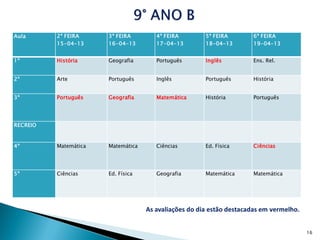 Aula      2ª FEIRA     3ª FEIRA        4ª FEIRA        5ª FEIRA        6ª FEIRA
          15-04-13     16-04-13        17-04-13        18-04-13        19-04-13


1º        História     Geografia       Português       Inglês          Ens. Rel.


2º        Arte         Português       Inglês          Português       História


3º        Português    Geografia       Matemática      História        Português




RECREIO


4º        Matemática   Matemática      Ciências        Ed. Física      Ciências




5º        Ciências     Ed. Física      Geografia       Matemática      Matemática




                                    As avaliações do dia estão destacadas em vermelho.


                                                                                         16
 