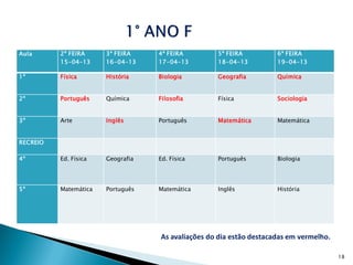 Aula      2ª FEIRA     3ª FEIRA    4ª FEIRA        5ª FEIRA          6ª FEIRA
          15-04-13     16-04-13    17-04-13        18-04-13          19-04-13

1º        Física       História    Biologia        Geografia         Química


2º        Português    Química     Filosofia       Física            Sociologia


3º        Arte         Inglês      Português       Matemática        Matemática


RECREIO

4º        Ed. Física   Geografia   Ed. Física      Português         Biologia




5º        Matemática   Português   Matemática      Inglês            História




                                   As avaliações do dia estão destacadas em vermelho.

                                                                                        18
 