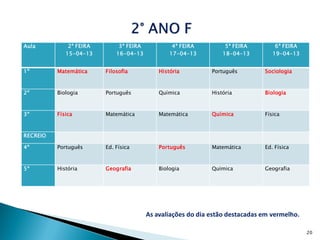 Aula          2ª FEIRA        3ª FEIRA            4ª FEIRA         5ª FEIRA        6ª FEIRA
             15-04-13        16-04-13            17-04-13         18-04-13        19-04-13


1º        Matemática     Filosofia           História         Português        Sociologia



2º        Biologia       Português           Química          História         Biologia



3º        Física         Matemática          Matemática       Química          Física



RECREIO

4º        Português      Ed. Física          Português        Matemática       Ed. Física



5º        História       Geografia           Biologia         Química          Geografia




                                         As avaliações do dia estão destacadas em vermelho.

                                                                                              20
 