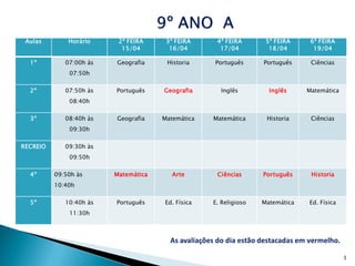 Aulas        Horário     2ª FEIRA     3ª FEIRA      4ª FEIRA       5ª FEIRA     6ª FEIRA
                           15/04        16/04         17/04          18/04        19/04

  1º         07:00h ás   Geografia     Historia      Português     Português     Ciências
              07:50h

  2º         07:50h às   Português    Geografia       Inglês         Inglês     Matemática
              08:40h

  3º         08:40h às   Geografia    Matemática    Matemática      Historia     Ciências
              09:30h

RECREIO      09:30h às
              09:50h

  4º      09:50h às      Matemática      Arte        Ciências      Português     Historia
          10:40h

  5º         10:40h às   Português    Ed. Física    E. Religioso   Matemática   Ed. Física
              11:30h



                                        As avaliações do dia estão destacadas em vermelho.

                                                                                             3
 