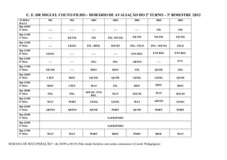 C. E. DR MIGUEL COUTO FILHO – HORÁRIO DE AVALIAÇÃO DO 2º TURNO – 3º BIMESTRE /2012
       TURMA              901           902           1001          1002           2001          2002       3001
       DATA
       Dia 10/09
       2ª feira           –––           –––           –––            –––           –––           FIS         FIS
       Dia 11/09
       3ª feira           –––          ED FIS         FIS        FIS / ED FIS    ED FIS         ED FIS     ED FIS

       Dia 12/09
       4ª feira           –––          GEOG        FIL / BIOL      SOCIO        ING / FILO   ING / SOCIO    FILO
       Dia 13/09
       5ª feira         GEOG            –––           –––            –––         ENS REL       ENS REL     ENS REL

       Dia 14/09
       6ª feira           –––           –––           ING           ING          ARTES           –––        BIOL

       Dia 17/09
       2ª feira         ED FIS          –––           HIST          HIST           FIS          QUIM        ING
       Dia 18/09
       3ª feira          CIEN          HIST          ED FIS        QUIM           GEOG          GEOG        QUIM
       Dia 19/09
       4ª feira          HIST          CIEN           MAT            FIL          HIST          HIST        HIST
       Dia 20/09
                                                  SOCIO / ENS                                   MAT
       5ª feira          ING            ING                         MAT          SOCIO                     SOCIO
                                                     REL
       Dia 21/09
       6ª feira          MAT           PORT          GEOG          GEOG           MAT           ARTES       GEOG
       Dia 24/09
       2ª feira         ARTES         ARTES          QUIM           PORT          QUIM          PORT        PORT
       Dia 25/09
       3ª feira                                                  SAERJINHO
       Dia 26/09
       4ª feira                                                  SAERJINHO
       Dia 27/09
       5ª feira          MAT           MAT           PORT           BIOL          PORT          BIOL        MAT


SEMANA DE RECUPERAÇÃO = de 28/09 a 04/10 (Não mude horários sem antes comunicar à Coord. Pedagógica)
 