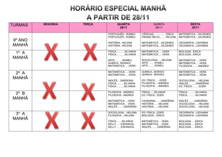 TURMAS   SEGUNDA   TERÇA           QUARTA                         QUINTA                            SEXTA
                                    28/11                          29/11                             30/11

                           PORTUGUÊS...ROMEU            CIÊNCIAS..................ÉRICA   MATEMÁTICA ...GILDENES
                           PORTUGUÊS...ROMEU            ENSINO RELIG.........HELENA       MATEMÁTICA....GILDENES
9º ANO
                           HISTÓRIA...HELENA            MATEMÁTICA ...GILDENES            GEOGRAFIA...LIDIVÂNIA
MANHÃ                      HISTÓRIA...HELENA            MATEMÁTICA....GILDENES            GEOGRAFIA...LIDIVÂNIA

                           FÍSICA............SILVINHA   MATEMÁTICA......VERA              BIOLOGIA...ÉRICA
 1º A                      FÍSICA............SILVINHA   MATEMÁTICA......VERA              BIOLOGIA...ÉRICA
MANHÃ                                                   SOCIOLOGIA......HELENA
                           ARTE...........ROMEU                                           MATEMÁTICA......VERA
                           QUÍMICA...MORAES             ARTE..........ROMEU               MATEMÁTICA......VERA
                           MATEMÁTICA......VERA         ARTE..........ROMEU               FILOSOFIA.........ANDREA

                           MATEMÁTICA......VERA         QUÍMICA...MORAES                  MATEMÁTICA......VERA
 2º A                      MATEMÁTICA......VERA         QUÍMICA...MORAES                  MATEMÁTICA......VERA
MANHÃ                                                   ED. FÍSICA.......EDER
                           INGLÊS....GARDENIA                                             SOCIOLOGIA......HELENA
                           FÍSICA...........SILVINHA    FILOSOFIA.....ANDREA              INGLÊS...........GARDÊNIA
                           FÍSICA...........SILVINHA    FILOSOFIA.....ANDREA              ED. FÍSICA..........EDER

                           FILOSOFIA...ANDREA           FÍSICA......SILVINHA              FÍSICA............SILVINHA
 2º B                      FILOSOFIA...ANDREA           ED. FÍSICA...EDER                 FÍSICA............SILVINHA
MANHÃ
                           MATEMÁTICA.....VERA          CIDADANIA........GARDÊNIA         INGLÊS ........GARDÊNIA
                           MATEMÁTICA.....VERA.         HISTÓRIA.......HELENA             SOCIOLOGIA......HELENA
                           INGLÊS ........GARDÊNIA      HISTÓRIA.......HELENA             SOCIOLOGIA......HELENA

                           SOCIOLOGIA....HELENA         ED. FÍSICA...EDER                 GEOGRAFIA...LIDIVANIA
 3º A                      FILOSOFIA....HELENA          BIOLOGIA....ÉRICA                 GEOGRAFIA...LIDIVÂNIA
MANHÃ
                           FÍSICA........SILVINHA       MATEMÁTICA.....VERA               BIOLOGIA......ÉRICA
                           KELLY.......ESPANHOL         MATEMÁTICA.....VERA               BIOLOGIA......ÉRICA
                           KELLY.......ESPANHOL         INGLÊS ........GARDÊNIA           BIOLOGIA......ÉRICA
 