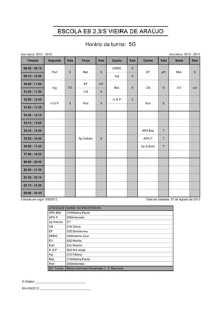 ESCOLA EB 2,3/S VIEIRA DE ARAÚJO

                                                   Horário da turma: 5G
Ano letivo: 2012 - 2013                                                                                 Ano letivo: 2012 - 2013

    Tempos          Segunda        Sala          Terça   Sala     Quarta     Sala    Quinta      Sala       Sexta       Sala

 08:30 - 09:15            Port      9            Mat.     9       EMRC        9        EF        ef1         Mat.         9
                          Port      9            Mat.     9                            EF        ef1         Mat.         9
 09:15 - 10:00                                                     Ing        9

 10:20 - 11:05            Ing       F2            EF     ef1       Mat.       9        CN         9          EV          evt
                          Ing       F2                             Mat.       9        CN         9          EV          evt
 11:05 - 11:50                                    CN      9

 12:00 - 12:45        HGP           9            Port     9       HGP         3       Port        9
                      HGP           9            Port     9                           Port        9
 12:45 - 13:30

 13:30 - 14:15

 14:15 - 15:00

 15:10 - 15:55                              Ap Estudo     8                         APA Mat       7
                                            Ap Estudo     8
 15:55 - 16:40                              Ap Estudo     8                          APA P        7

 16:55 - 17:40                                                                      Ap Estudo     7

 17:40 - 18:25

 20:00 - 20:45

 20:45 - 21:30

 21:30 - 22:15

 22:15 - 23:00

 23:00 - 23:45

Entrada em vigor: 6/9/2012                                                             Data de Validade: 31 de Agosto de 2013

                    ATIVIDADE NOME DO PROFESSOR
                    APA Mat        019Helena Paula
                    APA P          008Antonieta
                    Ap Estudo      CT
                    CN             016 Glória
                    EF             032 Bartolomeu
                    EMRC           034António Cruz
                    EV             022 Marilia
                    Eart           Esc Musica
                    HGP            002 Ant Jorge
                    Ing            012 Fátima
                    Mat.           019Helena Paula
                    Port           008Antonieta
                    Dir. Turma     Maria Antonieta Fernandes C. D. Machado



O Diretor: ______________________________

Em 6/9/2012: ______________________________
 