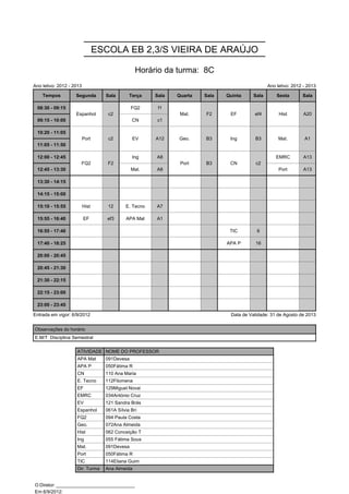ESCOLA EB 2,3/S VIEIRA DE ARAÚJO

                                                 Horário da turma: 8C
Ano letivo: 2012 - 2013                                                                         Ano letivo: 2012 - 2013

    Tempos          Segunda        Sala       Terça    Sala   Quarta   Sala   Quinta     Sala       Sexta       Sala

 08:30 - 09:15      Espanhol        c2         FQ2      f1     Mat.    F2      EF        ef4         Hist        A20
                    Espanhol        c2                         Mat.    F2      EF        ef4         Hist        A20
 09:15 - 10:00                                 CN      c1

 10:20 - 11:05            Port      c2         EV      A12    Geo.     B3      Ing       B3          Mat.        A1
                          Port      c2         EV      A12    Geo.     B3      Ing       B3          Mat.        A1
 11:05 - 11:50

 12:00 - 12:45        FQ2           F2         Ing     A8      Port    B3      CN         c2        EMRC         A13
                      FQ2           F2                         Port    B3      CN         c2
 12:45 - 13:30                                 Mat.    A8                                            Port        A13

 13:30 - 14:15

 14:15 - 15:00

 15:10 - 15:55            Hist      12      E. Tecno   A7

 15:55 - 16:40            EF        ef3     APA Mat    A1

 16:55 - 17:40                                                                 TIC        6

 17:40 - 18:25                                                                APA P       16

 20:00 - 20:45

 20:45 - 21:30

 21:30 - 22:15

 22:15 - 23:00

 23:00 - 23:45

Entrada em vigor: 6/9/2012                                                     Data de Validade: 31 de Agosto de 2013


Observações do horário
E.M/T Disciplina Semestral

                    ATIVIDADE NOME DO PROFESSOR
                    APA Mat        091Devesa
                    APA P          050Fátima R
                    CN             110 Ana Maria
                    E. Tecno       112Filomena
                    EF             129Miguel Novai
                    EMRC           034António Cruz
                    EV             121 Sandra Brás
                    Espanhol       061A Sílvia Bri
                    FQ2            094 Paula Costa
                    Geo.           072Ana Almeida
                    Hist           062 Conceição T
                    Ing            055 Fátima Sous
                    Mat.           091Devesa
                    Port           050Fátima R
                    TIC            114Eliana Guim
                    Dir. Turma     Ana Almeida


O Diretor: ______________________________
Em 6/9/2012: ______________________________
 