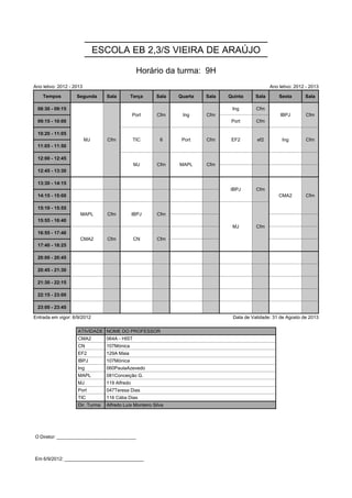 ESCOLA EB 2,3/S VIEIRA DE ARAÚJO

                                                Horário da turma: 9H
Ano letivo: 2012 - 2013                                                                          Ano letivo: 2012 - 2013

    Tempos          Segunda      Sala        Terça      Sala   Quarta   Sala   Quinta     Sala       Sexta       Sala

 08:30 - 09:15            MJ     Cfm           Port      Cfm    Ing     Cfm     Ing       Cfm        IBPJ        Cfm
                          MJ     Cfm           Port      Cfm    Ing     Cfm                          IBPJ        Cfm
 09:15 - 10:00            MJ     Cfm                                            Port      Cfm
                          MJ     Cfm
 10:20 - 11:05            MJ     Cfm           TIC        6     Port    Cfm     EF2       ef2         Ing        Cfm
                          MJ     Cfm           TIC        6     Port    Cfm     EF2       ef2         Ing        Cfm
 11:05 - 11:50

 12:00 - 12:45                                 MJ        Cfm   MAPL     Cfm
                                               MJ        Cfm   MAPL     Cfm
 12:45 - 13:30

 13:30 - 14:15                                                                 IBPJ       Cfm        CMA2        Cfm
                                                                               IBPJ       Cfm        CMA2        Cfm
 14:15 - 15:00                                                                                       CMA2        Cfm

 15:10 - 15:55        MAPL       Cfm           IBPJ      Cfm                    MJ        Cfm
                      MAPL       Cfm           IBPJ      Cfm                    MJ        Cfm
 15:55 - 16:40                                                                  MJ        Cfm
                                                                                MJ        Cfm
 16:55 - 17:40        CMA2       Cfm           CN        Cfm
                      CMA2       Cfm           CN        Cfm
 17:40 - 18:25

 20:00 - 20:45

 20:45 - 21:30

 21:30 - 22:15

 22:15 - 23:00

 23:00 - 23:45

Entrada em vigor: 6/9/2012                                                      Data de Validade: 31 de Agosto de 2013

                    ATIVIDADE NOME DO PROFESSOR
                    CMA2         064A - HIST
                    CN           107Mónica
                    EF2          129A Maia
                    IBPJ         107Mónica
                    Ing          060PaulaAzevedo
                    MAPL         081Conceição G.
                    MJ           119 Alfredo
                    Port         047Teresa Dias
                    TIC          116 Cátia Dias
                    Dir. Turma   Alfredo Luís Monteiro Silva




O Diretor: ______________________________



Em 6/9/2012: ______________________________
 