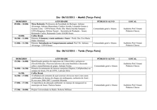 Dia: 06/12/2011 – Manhã (Terça-Feira)
 HORÁRIO                                     ATIVIDADE                                         PÚBLICO ALVO                  LOCAL
09:00h – 10:00h   Mesa Redonda: Professores da Faculdade de Biologia: Adriano
                  Alvarenga; Adriano Biancalana; Cinthya Arruda; Leonardo Gomes e
                  Gyanne Lima – UFPA/Soure; Profa. Dra. Maria Iracilda Sampaio –           Comunidade geral e Alunos   Auditório Prof. Ernani
                  UFPA/Bragança; Dirlene Nazaré – Secretária de Produção – Soure;                                        Pinheiro Chaves
                  Raimundo Carlos, Raimundo Castro SAGRI-Soure
    10:00h        Coffee Break
10:30h – 11:00h   Palestra: O homem, o meio ambiente e Soure - Profa. Dra. Eva Maria
                  Daher Abufaiad.
11:00h – 11:30h   Palestra: Introdução ao Comportamento animal. Prof. Dr. Adriano          Comunidade geral e Alunos   Auditório Prof. Ernani
                  Alvarenga - UFPA/Soure                                                                                 Pinheiro Chaves

                                               Dia: 06/12/2011 – Tarde (Terça-Feira)


 HORÁRIO                                     ATIVIDADE                                         PÚBLICO ALVO                  LOCAL
15:30h – 16:00h   Identificação genética de espécimes de Citharichthys spilopterus
                  (Paralichthyidae, Pleuronectiformes) da costa brasileira e discussão                                 Auditório Prof. Ernani
                  sobre o monofiletismo do grupo. Adriane Freitas                          Comunidade geral e Alunos     Pinheiro Chaves
16:00h – 16:30h   Primeiro levantamento de moscas-varejeiras (Diptera, Calliphoridae) no
                  campus de Soure, PA da UFPA. Lidivani Silva
    16:30h        Coffee Break
16:30h – 17:00h   A influência do consumo de açaí (euterpe oleraceae mart.) nos casos
                  confirmados de doença de chagas em urubuquara, cachoeira do Ararí -
                  Pa nos anos 2006-2007. Leonardo Miranda
17:00h – 17:30h   A importância da educação ambiental: no manejo de manguezal no
                  município de Soure. Patrícia Santos                                      Comunidade geral e Alunos   Auditório Prof. Ernani
                                                                                                                         Pinheiro Chaves
17:30h – 18:00h   Projeto Universidade na Rádio. Roberta Milliane
 