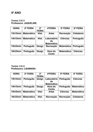 5º ANO

Turma: 5 A 3
Professora: JAQUELINE

 HORA      2ª FEIRA   3ª          4ªFEIRA     5ª FEIRA    6ª FEIRA
                    FEIRA
13h15min Matemática Hist.          Artes     Recreação    Cidadania

14h15min Matemática     Hist.  Laboratório Ciências Português
                                   de
                               Matemática
15h35min   Português    Geogr. Recreação Matemática Português

16h35min   Português    Geogr.    Hora do    Matemática   Ciências
                                   Conto




Turma: 5 A 4
Professora: LISAMARA

 HORA      2ª FEIRA   3ª   4ªFEIRA     5ª FEIRA  6ª FEIRA
                    FEIRA
13h15min Português Geogr. Laboratório Português Ciências
                              de
                          Matemática
14h15min Português Geogr.  Hora do    Português Matemática
                            Conto
15h35min Matemática Hist.    Artes    Ciências Matemática

16h35min Matemática     Hist.    Recreação   Recreação    Cidadania
 