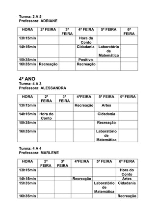 Turma: 3 A 5
Professora: ADRIANE

 HORA      2ª FEIRA       3ª     4ª FEIRA      5ª FEIRA         6ª
                        FEIRA                                 FEIRA
13h15min                          Hora do
                                   Conto
14h15min                         Cidadania    Laboratório
                                                  de
                                              Matemática
15h35min                          Positivo
16h35min Recreação               Recreação



4º ANO
Turma: 4 A 3
Professora: ALESSANDRA

 HORA        2ª         3ª       4ªFEIRA      5ª FEIRA      6ª FEIRA
           FEIRA      FEIRA
13h15min                        Recreação      Artes

14h15min Hora do                             Cidadania
          Conto
15h35min                                     Recreação

16h35min                                     Laboratório
                                                 de
                                             Matemática

Turma: 4 A 4
Professora: MARLENE

 HORA        2ª         3ª      4ªFEIRA      5ª FEIRA       6ª FEIRA
           FEIRA      FEIRA
13h15min                                             Hora do
                                                      Conto
14h15min                      Recreação               Artes
15h35min                                Laboratório Cidadania
                                            de
                                        Matemática
16h35min                                            Recreação
 
