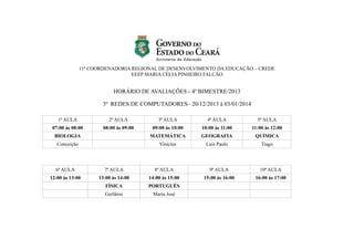 11ª COORDENADORIA REGIONAL DE DESENVOLVIMENTO DA EDUCAÇÃO – CREDE
EEEP MARIA CÉLIA PINHEIRO FALCÃO

HORÁRIO DE AVALIAÇÕES - 4º BIMESTRE/2013
3º REDES DE COMPUTADORES– 20/12/2013 à 03/01/2014
1ª AULA

2ª AULA

3ª AULA

4ª AULA

5ª AULA

07:00 às 08:00

08:00 às 09:00

09:00 às 10:00

10:00 às 11:00

11:00 às 12:00

BIOLOGIA

MATEMÁTICA

GEOGRAFIA

QUÍMICA

Conceição

Vinícius

Luis Paulo

Tiago

6ª AULA

7ª AULA

8ª AULA

9ª AULA

10ª AULA

12:00 às 13:00

13:00 às 14:00

14:00 às 15:00

15:00 às 16:00

16:00 às 17:00

FÍSICA

PORTUGUÊS

Gerlânio

Maria José

 