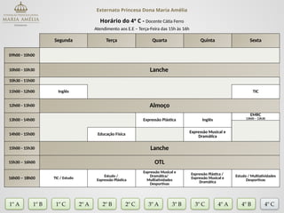 Externato Princesa Dona Maria Amélia
Horário do 4º C - Docente Cátia Ferro
Atendimento aos E.E – Terça-Feira das 15h às 16h
Segunda Terça Quarta Quinta Sexta
09h00 - 10h00
10h00 - 10h30 Lanche
10h30 - 11h00
11h00 - 12h00 Inglês TIC
12h00 - 13h00 Almoço
13h00 - 14h00 Expressão Plástica Inglês
EMRC
13h00 – 13h30
14h00 - 15h00 Educação Física
Expressão Musical e
Dramática
15h00 - 15h30 Lanche
15h30 – 16h00 OTL
16h00 – 18h00 TIC / Estudo
Estudo /
Expressão Plástica
Expressão Musical e
Dramática/
Multiatividades
Desportivas
Expressão Plástica /
Expressão Musical e
Dramática
Estudo / Multiatividades
Desportivas
1º A 1º B 2º A 2º B 2º C 3º A 3º C 4º A
3º B
1º C 4º B 4º C
 