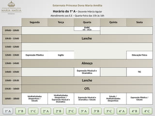 Externato Princesa Dona Maria Amélia
Horário do 1º A - Docente Márcia Aguiar
Atendimento aos E.E – Quarta-Feira das 15h às 16h
Segunda Terça Quarta Quinta Sexta
09h00 - 10h00
EMRC
09h – 09h30
10h30 - 11h00 Lanche
11h00 - 12h00
12h00 - 13h00 Expressão Plástica Inglês Educação Física
13h00 - 14h00 Almoço
14h00 - 15h00 Expressão Musical e
Dramática
TIC
15h00 - 15h30 Lanche
15h30 – 16h00 OTL
16h00 – 18h00
Multiatividades
Desportivas /
Estudo
Multiatividades
Desportivas /
Expressão Musical e
Dramática
Expressão Musical e
Dramática / Estudo
Estudo /
Multiatividades
Desportivas
Expressão Plástica /
Estudo
1º A 1º B 2º A 2º B 2º C 3º A 3º C 4º A
3º B
1º C 4º B 4º C
 