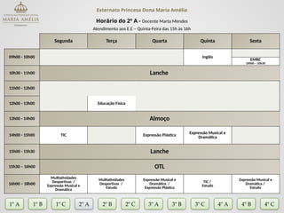 Externato Princesa Dona Maria Amélia
Horário do 2º A - Docente Marta Mendes
Atendimento aos E.E – Quinta-Feira das 15h às 16h
Segunda Terça Quarta Quinta Sexta
09h00 - 10h00 Inglês
EMRC
10h00 – 10h30
10h30 - 11h00 Lanche
11h00 - 12h00
12h00 - 13h00 Educação Física
13h00 - 14h00 Almoço
14h00 - 15h00 TIC Expressão Plástica Expressão Musical e
Dramática
15h00 - 15h30 Lanche
15h30 – 16h00 OTL
16h00 – 18h00
Multiatividades
Desportivas /
Expressão Musical e
Dramática
Multiatividades
Desportivas /
Estudo
Expressão Musical e
Dramática /
Expressão Plástica
TIC /
Estudo
Expressão Musical e
Dramática /
Estudo
1º A 1º B 2º A 2º B 2º C 3º A 3º C 4º A
3º B
1º C 4º B 4º C
 