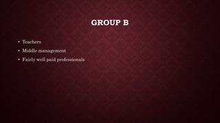 GROUP B
? Teachers
? Middle management
? Fairly well paid professionals
 