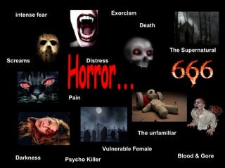 Horror... Exorcism Death The unfamiliar  Psycho Killer intense fear Pain Darkness Vulnerable Female Distress Screams The Supernatural Blood & Gore 