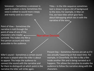 Gun – A gun is usually used in more of an action horror. The gun represents the violent side to horror and used more in modern films. Mirror- Mirrors are usually used in horror films in a two shot, with the victim in clear focus at the front and the killer/ghost in shallow focus behind. This acts as a way of making the audience jump and to show eye contact between the killer and victim to establish the connection between them both.Knife – A knife is usually used in order to create a more gory killing and is used in films for a more slower death. This allows for a more violent kill and can act as a message to the rest of the characters as to how violent the killer is.IconographyMasks – Masks are sometimes used in horror films in order to create fear of the unknown. If the killer is hidden with a more scary mask, the fear that they create is intensified. This also proves a more difficult problem for the other characters as it is harder for them to trace down who the killer is and to stop the horror that its creating. Jason uses a mask in Freddy VS Jason to disguise his identity and to make himself appear more fearful.Blood – The iconography of blood is a key image to horror films. Blood is almost a symbol of death in  most horror films and acts as the main objective for the killer to achieve. 