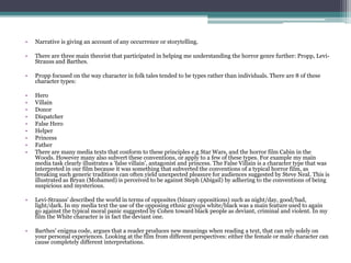 • Narrative is giving an account of any occurrence or storytelling.
• There are three main theorist that participated in helping me understanding the horror genre further: Propp, Levi-
Strauss and Barthes.
• Propp focused on the way character in folk tales tended to be types rather than individuals. There are 8 of these
character types:
• Hero
• Villain
• Donor
• Dispatcher
• False Hero
• Helper
• Princess
• Father
• There are many media texts that conform to these principles e.g Star Wars, and the horror film Cabin in the
Woods. However many also subvert these conventions, or apply to a few of these types. For example my main
media task clearly illustrates a 'false villain', antagonist and princess. The False Villain is a character type that was
interpreted in our film because it was something that subverted the conventions of a typical horror film, as
breaking such generic traditions can often yield unexpected pleasure for audiences suggested by Steve Neal. This is
illustrated as Bryan (Mohamed) is perceived to be against Steph (Abigail) by adhering to the conventions of being
suspicious and mysterious.
• Levi-Strauss' described the world in terms of opposites (binary oppositions) such as night/day, good/bad,
light/dark. In my media text the use of the opposing ethnic groups white/black was a main feature used to again
go against the typical moral panic suggested by Cohen toward black people as deviant, criminal and violent. In my
film the White character is in fact the deviant one.
• Barthes' enigma code, argues that a reader produces new meanings when reading a text, that can rely solely on
your personal experiences. Looking at the film from different perspectives: either the female or male character can
cause completely different interpretations.
 