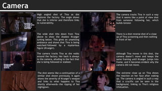 Camera
High angled shot of Tina as she
explores the factory. The angle shows
that she is inferior and therefore links
to vulnerability.
The wide shot tilts down from Tina
above to show the shadow Krueger
lurking below. This gives an unsettling
ambiance and shows that Tina is being
watched/followed by a mysterious
figure (Krueger).
The camera tracks Tina as she walks
around the factory. Her back is always
to the camera, alluding to the fact that
she is being followed or stalked.
The shot seems like a continuation of a
similar shot shown previously. It again
shows the severity of Krueger’s weapon
and links to what happens to Tina
shortly afterwards—the ripping of her
nightgown.
The camera tracks Tina in such a way
that it seems like a point of view shot
from someone following her, which
builds tension
There is a shot reverse shot of a close
up of Tina screaming and then nothing
in front of her
Although Tina moves in this shot, the
camera doesn’t move and keeps the
same framing until Krueger jumps into
frame, and it becomes evident why the
camera did not move.
The extreme close up on Tina shows
the reaction on her face after waking
up. The camera is angled in such a way
that a crucifix can be seen in the
background, linking to Tina’s religious
infatuation.
 
