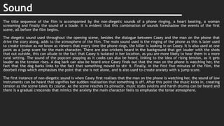 Sound
The title sequence of the film is accompanied by the non-diegetic sounds of a phone ringing, a heart beating, a woman
screaming and finally the sound of a blade. It is evident that this combination of sounds foreshadow the events of the first
scene, all before the film begins.
The diegetic sound used throughout the opening scene, besides the dialogue between Casey and the man on the phone that
drive the story along, adds to the atmosphere of the film. The main sound used is the ringing of the phone as this is later used
to create tension as we know as viewers that every time the phone rings, the killer is looking in on Casey. It is also used at one
point as a jump scare for the main character. There are also crickets heard in the background that get louder with the shots
that out outside, this can allude to the fact that Casey is isolated in her location, as you are more likely to hear them in a more
rural setting. The sound of the popcorn popping as it cooks can also be heard, linking to the idea of rising tension, as it gets
louder as the tension rises. A dog bark can also be heard once Casey finds out that the man on the phone is watching her, the
fact that the dog barks links to the fact that something moved to stir it. Finally, in the first five minutes of the film, the
doorbell rings which emphasises the point that she is not alone, and is also used to create anxiety with a jump scare.
The first instance of non-diegetic sound is when Casey first realises that the man on the phone is watching her, the sound of low
instruments can be heard that signifies her sudden realisation that something is off. After this point the music kicks in, creating
tension as the scene takes its course. As the scene reaches its pinnacle, music stabs (violins and harsh drums) can be heard and
there is a gradual crescendo that mimics the anxiety the main character feels to emphasise the tense atmosphere.
 