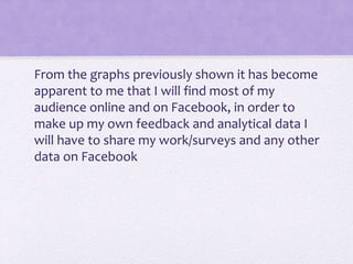 From the graphs previously shown it has become
apparent to me that I will find most of my
audience online and on Facebook, in order to
make up my own feedback and analytical data I
will have to share my work/surveys and any other
data on Facebook
 