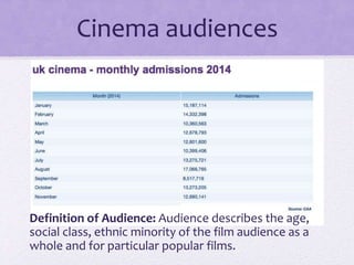 Cinema audiences
Definition of Audience: Audience describes the age,
social class, ethnic minority of the film audience as a
whole and for particular popular films.
 