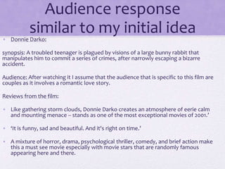 Audience response
similar to my initial idea
• Donnie Darko:
synopsis: A troubled teenager is plagued by visions of a large bunny rabbit that
manipulates him to commit a series of crimes, after narrowly escaping a bizarre
accident.
Audience: After watching it I assume that the audience that is specific to this film are
couples as it involves a romantic love story.
Reviews from the film:
• Like gathering storm clouds, Donnie Darko creates an atmosphere of eerie calm
and mounting menace -- stands as one of the most exceptional movies of 2001.’
• ‘It is funny, sad and beautiful. And it's right on time.’
• A mixture of horror, drama, psychological thriller, comedy, and brief action make
this a must see movie especially with movie stars that are randomly famous
appearing here and there.
 