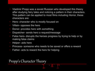 • Vladimir Propp was a soviet Russian who developed this theory 
after studying fairy tales and noticing a pattern in their characters. 
This pattern can be applied to most films including Horror, these 
characters are: 
• Hero- character who is mostly focused on 
• Villain- opposes the hero 
• Donor- provides hero with something 
• Dispatcher- sends hero a request/message 
• False hero- disrupts the heroes progress by trying to help or by 
making false claims 
• Helper- aids hero 
• Princess- someone who needs to be saved or offers a reward 
• Father- acts to reward the hero for helping 
Propp’s Character Theory 
 