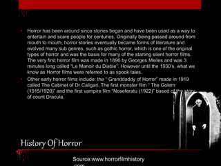 • Horror has been around since stories began and have been used as a way to 
entertain and scare people for centuries. Originally being passed around from 
mouth to mouth, horror stories eventually became forms of literature and 
evolved many sub genres, such as gothic horror, which is one of the original 
types of horror and was the basis for many of the starting silent horror films. 
The very first horror film was made in 1896 by Georges Meiles and was 3 
minutes long called “Le Manoir du Diable”. However until the 1930’s, what we 
know as Horror films were referred to as spook tales. 
• Other early horror films include: the “ Granddaddy of Horror” made in 1919 
called The Cabinet of Dr Caligari, The first monster film “ The Golem 
(1915/1920)” and the first vampire film “Noseferatu (1922)” based of the story 
of count Dracula. 
History Of Horror 
Source:www.horrorfilmhistory 
.com 
 