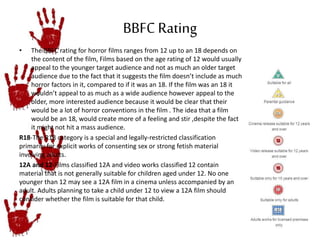 BBFC Rating 
• The BBFC rating for horror films ranges from 12 up to an 18 depends on 
the content of the film, Films based on the age rating of 12 would usually 
appeal to the younger target audience and not as much an older target 
audience due to the fact that it suggests the film doesn’t include as much 
horror factors in it, compared to if it was an 18. If the film was an 18 it 
wouldn’t appeal to as much as a wide audience however appeal to the 
older, more interested audience because it would be clear that their 
would be a lot of horror conventions in the film . The idea that a film 
would be an 18, would create more of a feeling and stir ,despite the fact 
it might not hit a mass audience. 
R18-The R18 category is a special and legally-restricted classification 
primarily for explicit works of consenting sex or strong fetish material 
involving adults. 
12A and 12-Films classified 12A and video works classified 12 contain 
material that is not generally suitable for children aged under 12. No one 
younger than 12 may see a 12A film in a cinema unless accompanied by an 
adult. Adults planning to take a child under 12 to view a 12A film should 
consider whether the film is suitable for that child. 
 