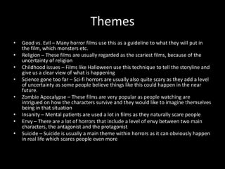 Themes
•
•
•
•

•
•
•

•

Good vs. Evil – Many horror films use this as a guideline to what they will put in
the film, which monsters etc.
Religion – These films are usually regarded as the scariest films, because of the
uncertainty of religion
Childhood issues – Films like Halloween use this technique to tell the storyline and
give us a clear view of what is happening
Science gone too far – Sci-fi horrors are usually also quite scary as they add a level
of uncertainty as some people believe things like this could happen in the near
future.
Zombie Apocalypse – These films are very popular as people watching are
intrigued on how the characters survive and they would like to imagine themselves
being in that situation
Insanity – Mental patients are used a lot in films as they naturally scare people
Envy – There are a lot of horrors that include a level of envy between two main
characters, the antagonist and the protagonist
Suicide – Suicide is usually a main theme within horrors as it can obviously happen
in real life which scares people even more

 