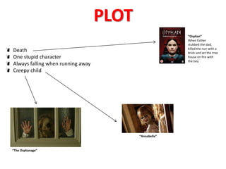 PLOT 
Death 
One stupid character 
Always falling when running away 
Creepy child 
“Annabelle” 
“Orphan” 
When Esther 
stubbed the dad, 
killed the nun with a 
brick and set the tree 
house on fire with 
the boy 
“The Orphanage” 
 