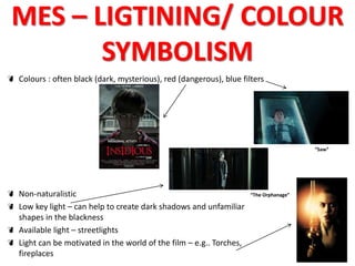 MES – LIGTINING/ COLOUR 
SYMBOLISM 
Colours : often black (dark, mysterious), red (dangerous), blue filters 
Non-naturalistic 
Low key light – can help to create dark shadows and unfamiliar 
shapes in the blackness 
Available light – streetlights 
Light can be motivated in the world of the film – e.g.. Torches, 
fireplaces 
“Saw” 
“The Orphanage” 
 
