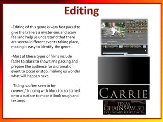 -Editing of this genre is very fast paced to
give the trailers a mysterious and scary
feel and help us understand that there
are several different events taking place,
making it easy to identify the genre.
-Most of these types of films include
fades to black to show time passing and
prepare the audience for a dramatic
event to occur or stop, making us wonder
what will happen next.
-Titling is often seen to be
covered/dripping with blood or scratched
onto a surface to make it look rough and
textured.
 