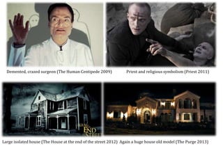 Demented, crazed surgeon (The Human Centipede 2009) Priest and religious symbolism (Priest 2011)
Large isolated house (The House at the end of the street 2012) Again a huge house old model (The Purge 2013)
 